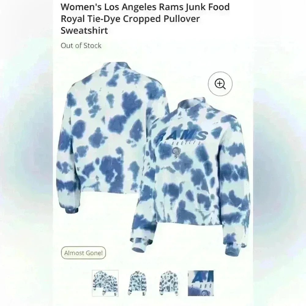 NWT Women's Los Angeles Rams Junk Food Royal Tie-Dye Cropped Pullover Sweatshirt